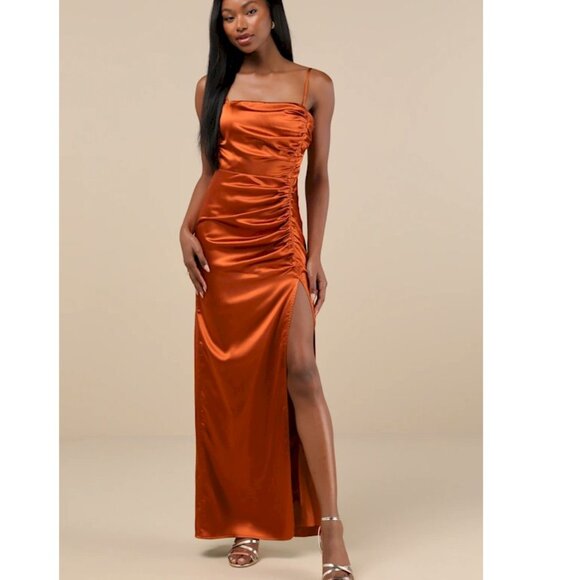Lulus Luxurious Marvel Rust Orange Satin Ruched Column Maxi Dress Medium NWOT - Picture 3 of 14